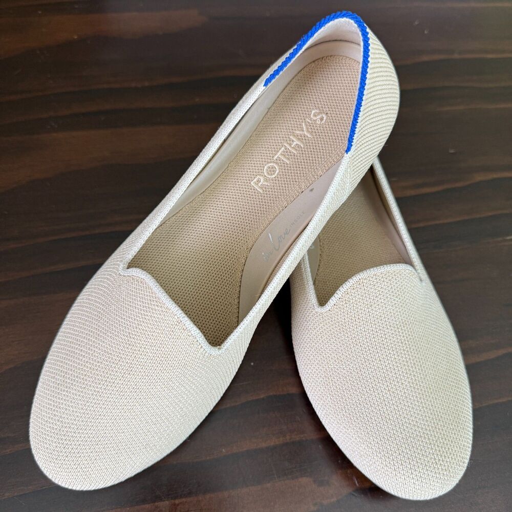 Rothy's Beige Flats with Blue Trim